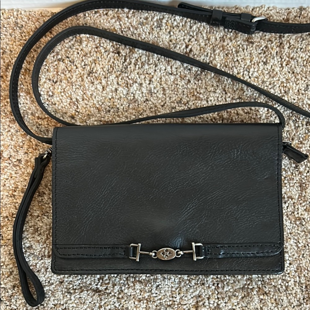 Patricia Nash black leather crossbody/wristlet bag.